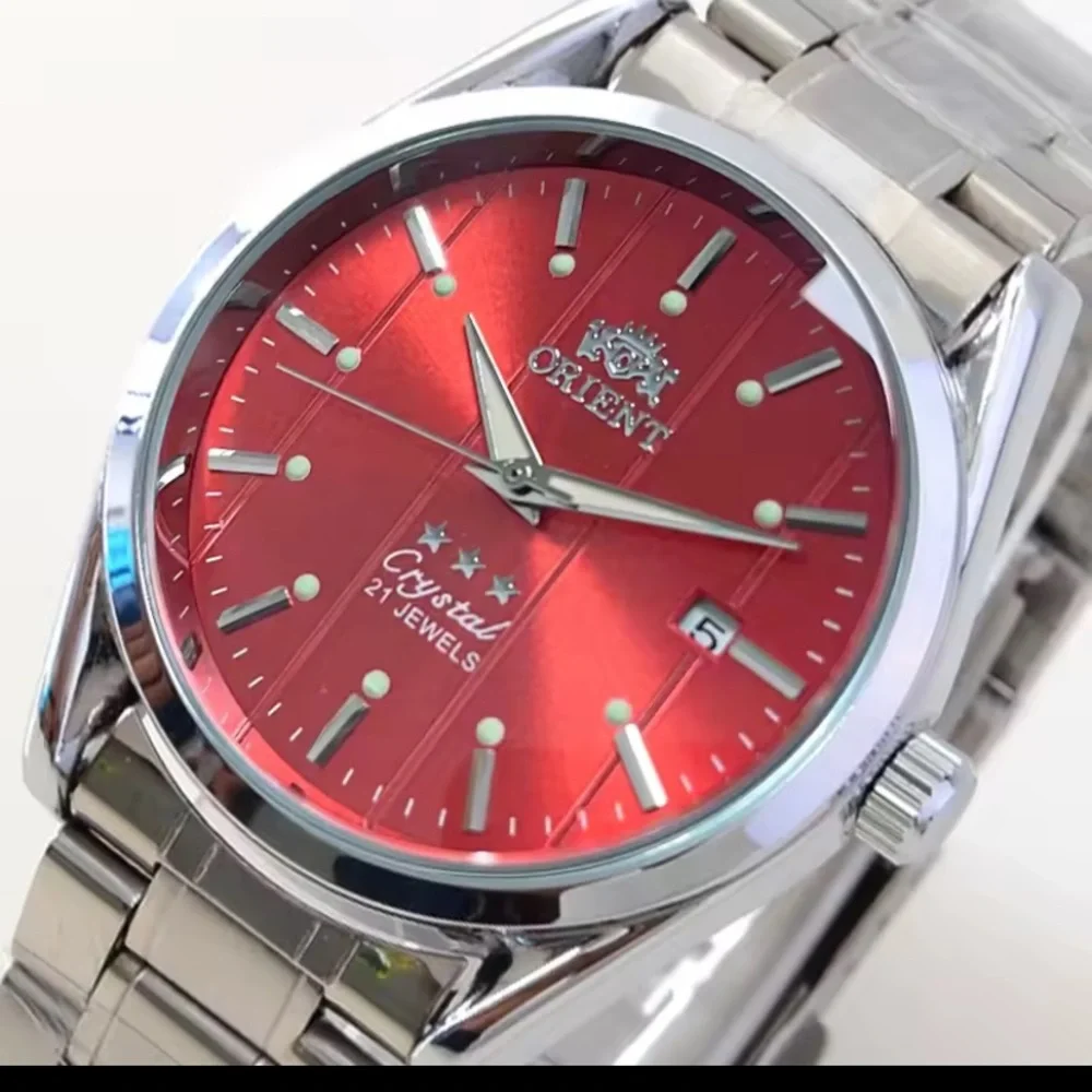 New Orient Silver Automatic Mechanical Watch with Red Dial